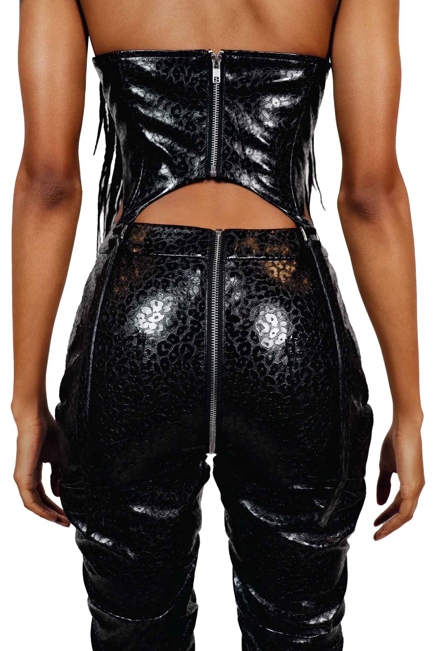 matte cheetah leather pant, leather pants, black leather pants, black pants, vegan leather pants, high-rise pants, cheetah pants, cheetah print pants, black cheetah pants, synched pants