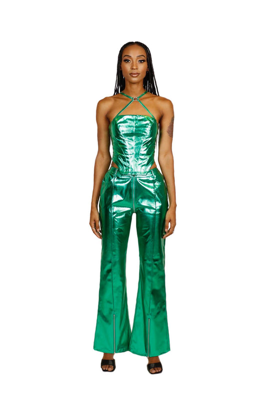 Metallic faux leather pant, metallic pants, green metallic pants, vegan leather pants, leather pants, green leather pants, green pants, metallic green pants, mid rise pants
