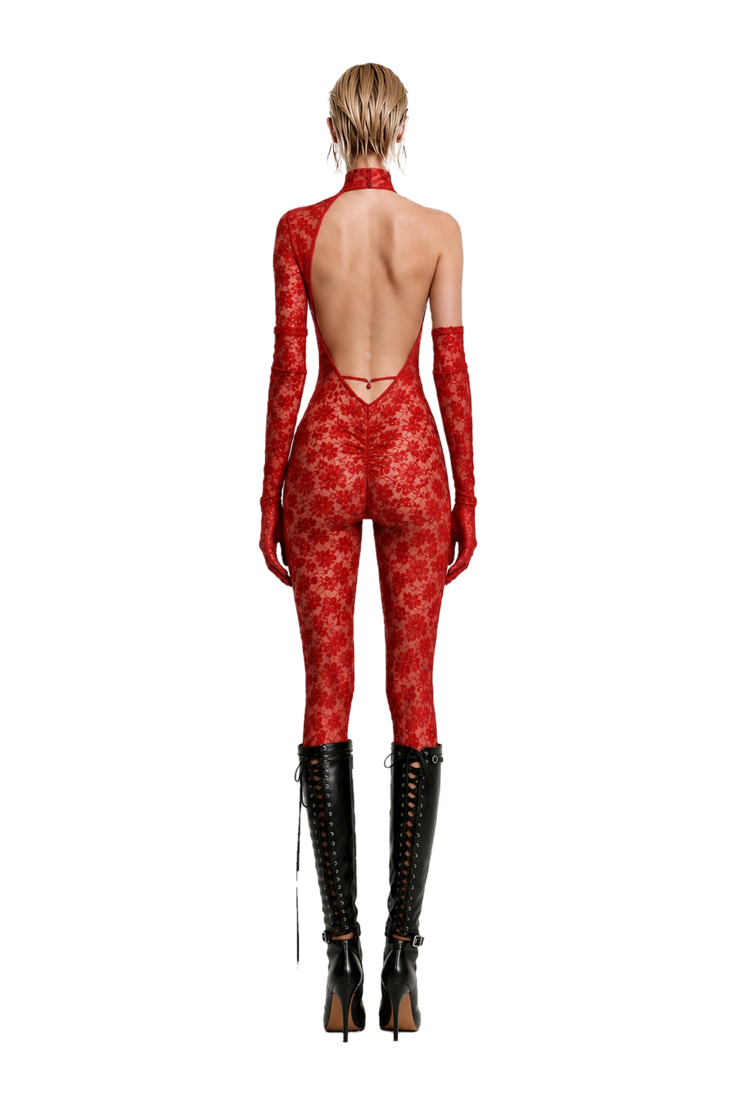 Red lace halter jumpsuit: with one long sleeve shoulder, with open back. Includes matching glove, and rhinestone details.