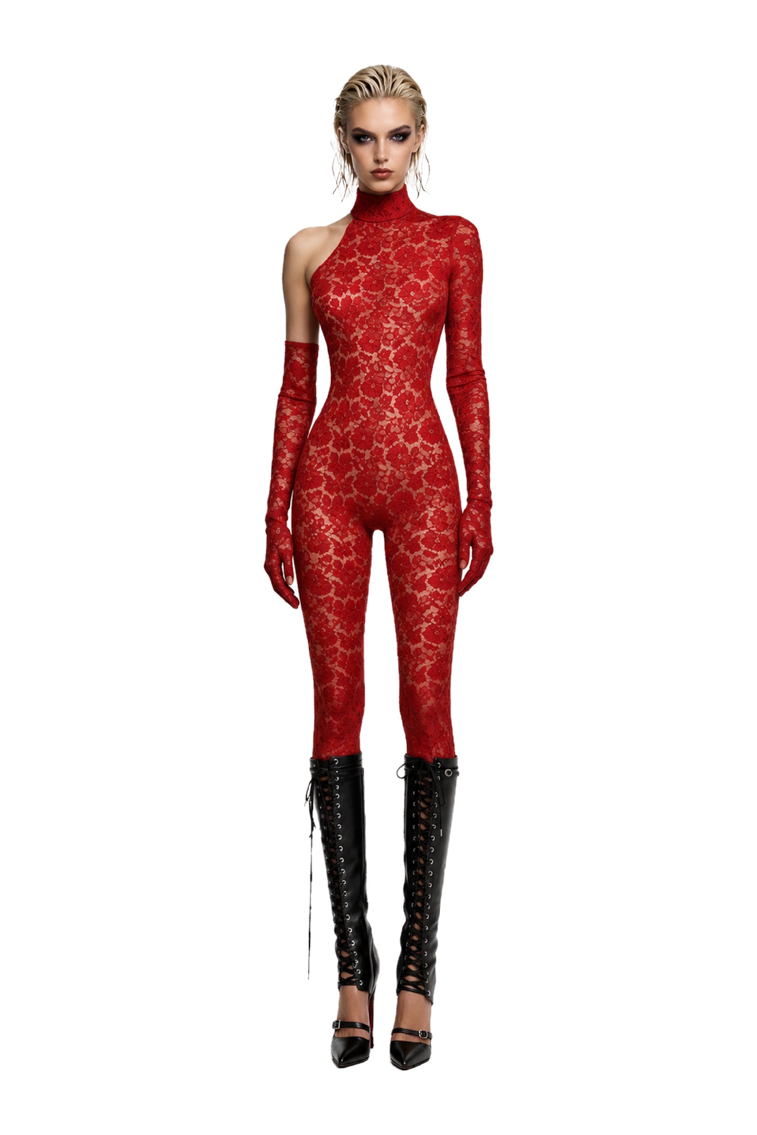 Red lace halter jumpsuit: with one long sleeve shoulder, with open back. Includes matching glove, and rhinestone details.