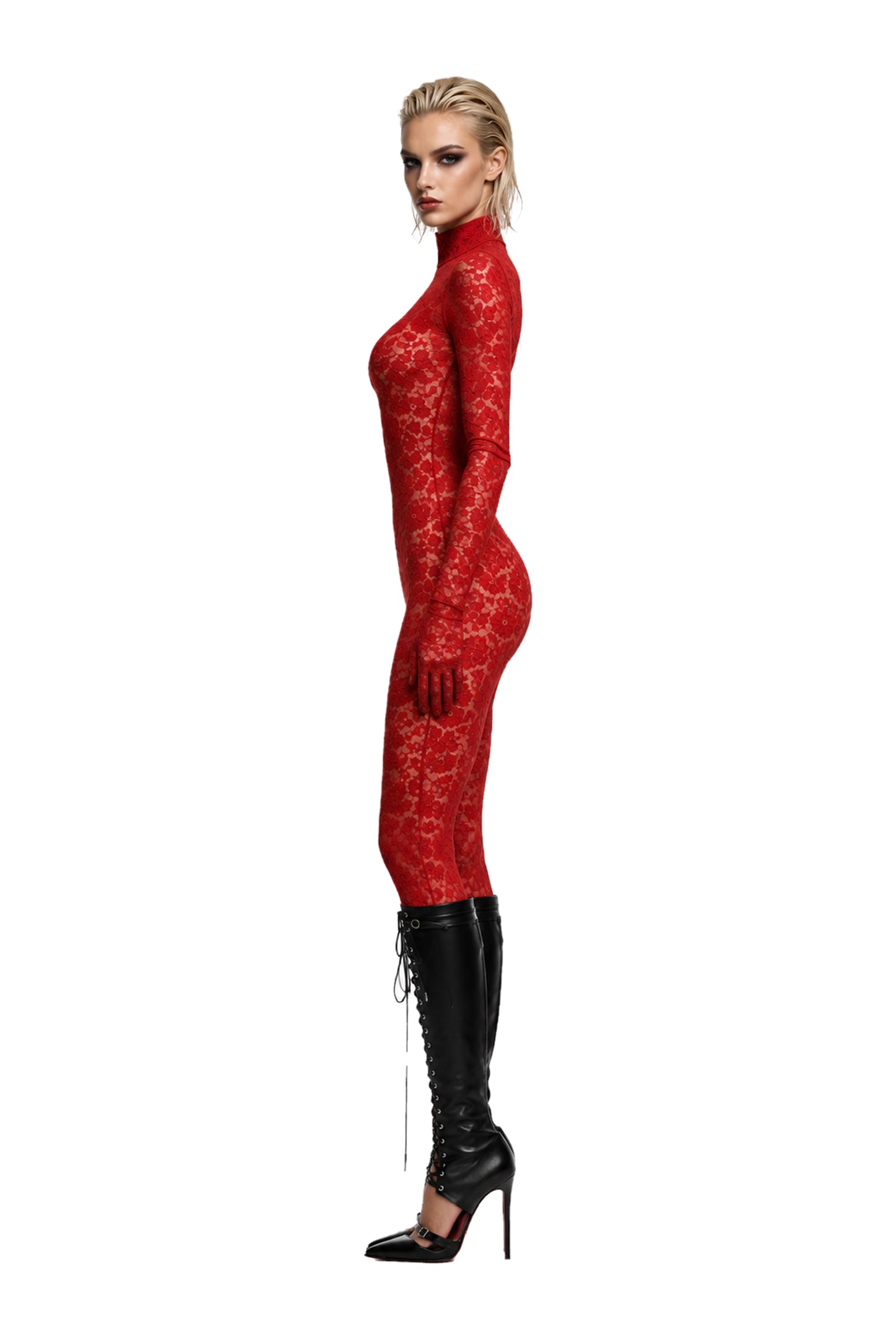 Red lace halter jumpsuit: with one long sleeve shoulder, with open back. Includes matching glove, and rhinestone details.