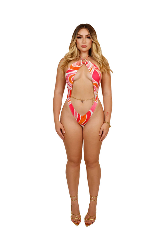 pink chain one piece bikini, one piece bikini, pink one piece bikini, pink abstract print bikini, heart chain bikini, chain bikini, chain swimsuit, pink swimsuit, pink bikini, abstract print bikini, abstract print swimsuit, abstract print one piece, open back swimsuit, open back bikini, open back one piece