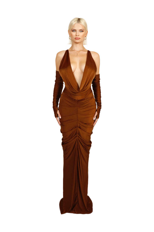 Bodycon maxi dress, brown dress, maxi brown dress, evening dress, evening gown, formal dress, formal brown dress, cowl neckline, cowl dress, cowl neckline dress, brown gloves, brown sleeves, open back dress, brown dress, maxi dress